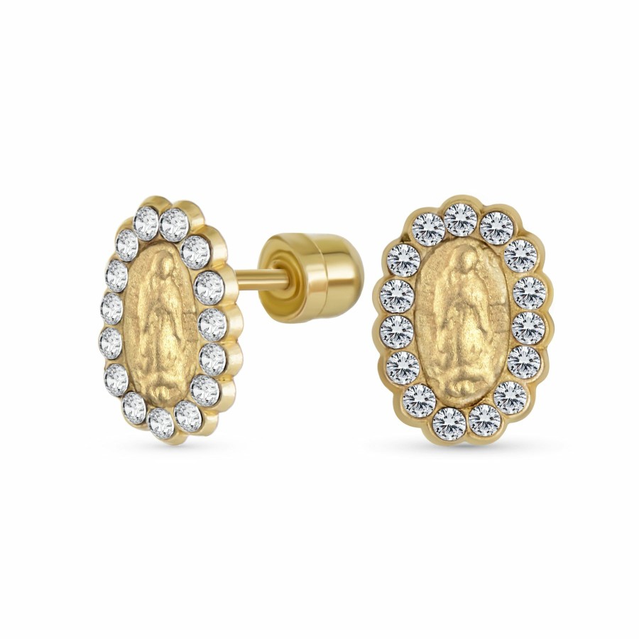 Shop Women Bling Jewelry Stud Earrings | Small Medallion Religious Virgin Mary Stud Earring 14K Yellow