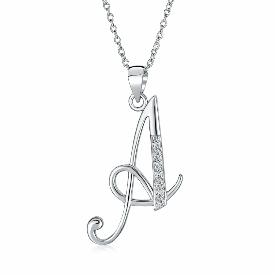 Shop Women Bling Jewelry Pendant Necklaces | Letter Cursive Script Initial Pendant Necklace Pave Cz Sterling Silver