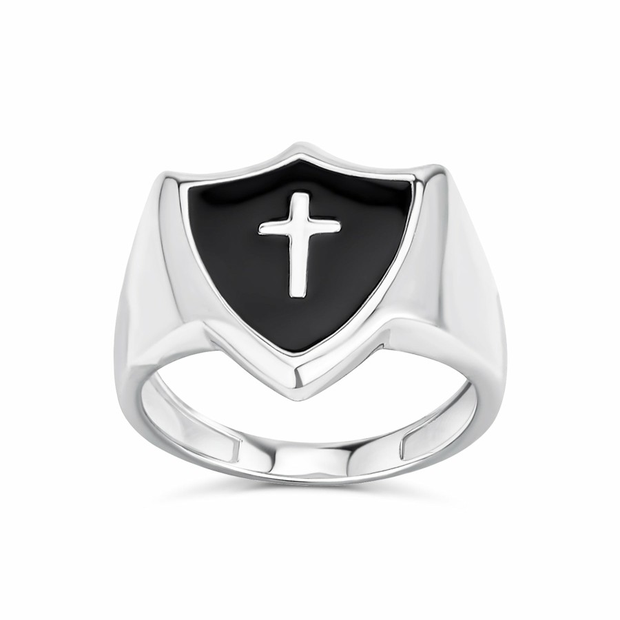 Shop Men Bling Jewelry Mens Engravable Rings | Unisex Black Onyx Inlay Religious Christian Shield Cross Signet Band Ring