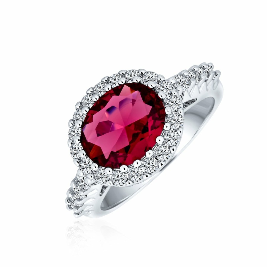 Shop Women Bling Jewelry Engravable Rings | 3Ct Oval Solitaire Aaa Cz Statement Halo Imitation Red Garnet Ring Silver