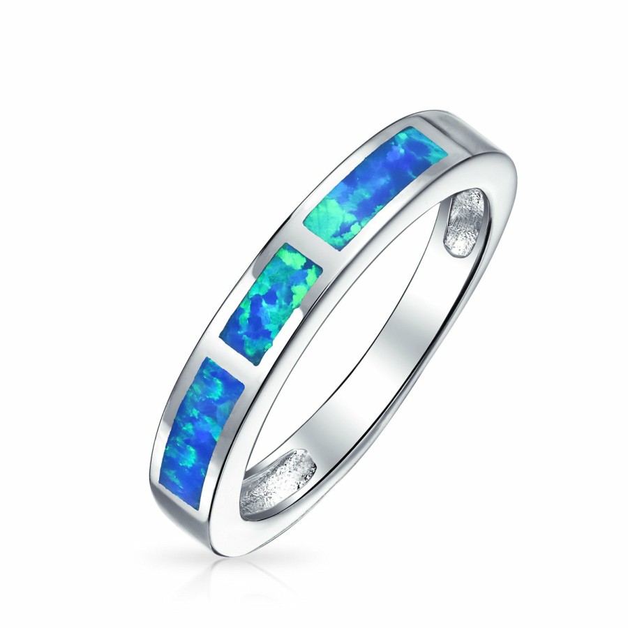 Shop Women Bling Jewelry Stacking Eternity Rings | Pink Created Opal Inlay Pave Solitaire Ring .925 Sterling Silver Blue