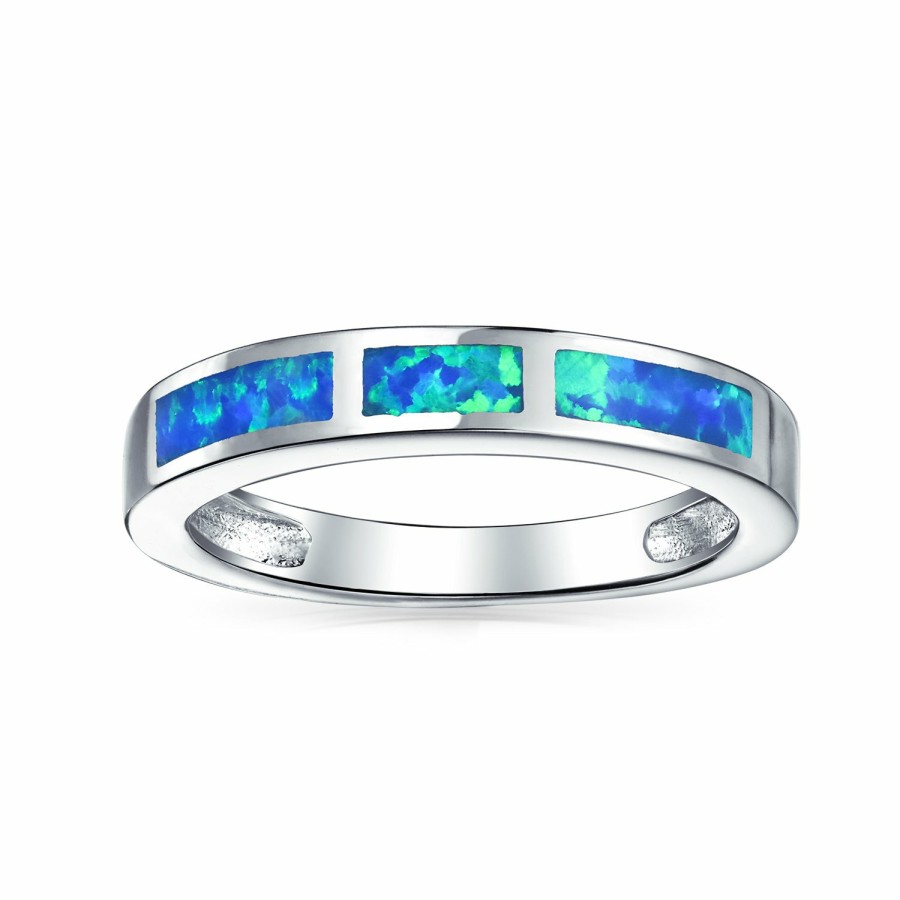 Shop Women Bling Jewelry Stacking Eternity Rings | Pink Created Opal Inlay Pave Solitaire Ring .925 Sterling Silver Blue