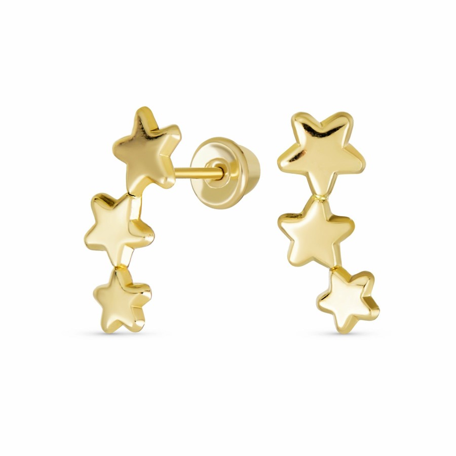 Shop Women Bling Jewelry Stud Earrings | Tiny Celestial Graduate 3 Stars Stud Earrings Genuine 14K Yellow Gold