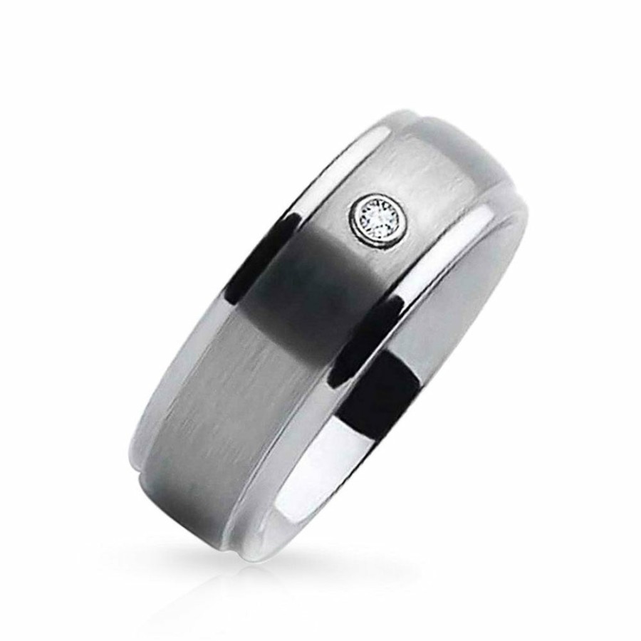 Shop Men Bling Jewelry Mens Rings | .10Ct Cz Accent Couples Wedding Band Titanium Rings Matte Brushed 8Mm Silver