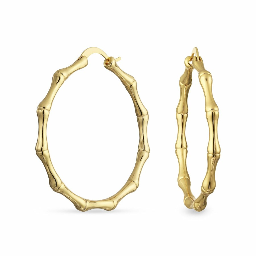 Shop Women Bling Jewelry Hoops Huggies Earrings | Large Fashion Plain Bamboo Hoop Earrings Yellow Gold Plated 1.5 -2.5"