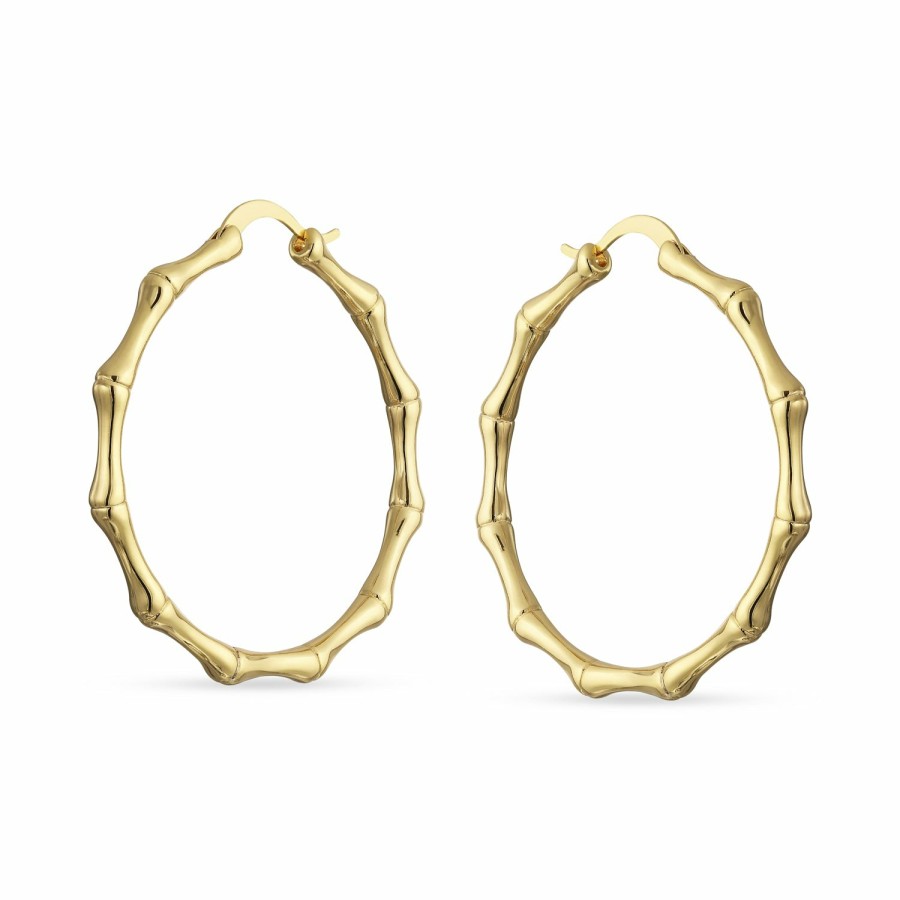 Shop Women Bling Jewelry Hoops Huggies Earrings | Large Fashion Plain Bamboo Hoop Earrings Yellow Gold Plated 1.5 -2.5"