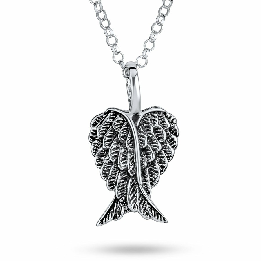 Shop Women Bling Jewelry Engravable Necklaces | Angel Wing Feathered Heart Pendant .925 Sterling Silver Necklace Sm