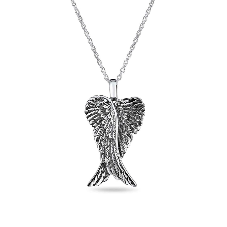 Shop Women Bling Jewelry Engravable Necklaces | Angel Wing Feathered Heart Pendant .925 Sterling Silver Necklace Sm