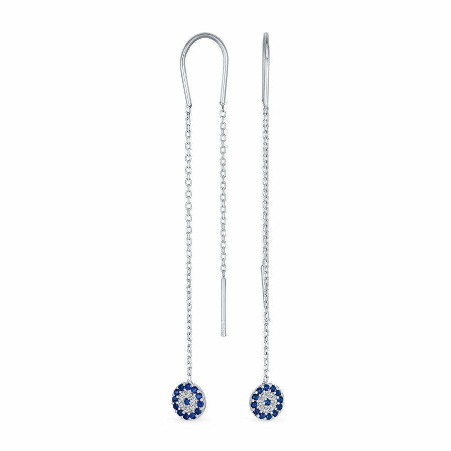 Shop Women Bling Jewelry Dangle Drop Earrings | Blue Evil Eye Cz Spiritual Chain Threader Earrings Sterling Silver