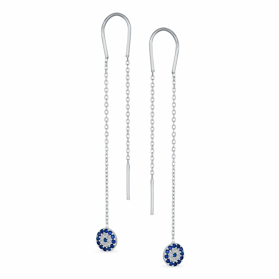 Shop Women Bling Jewelry Dangle Drop Earrings | Blue Evil Eye Cz Spiritual Chain Threader Earrings Sterling Silver