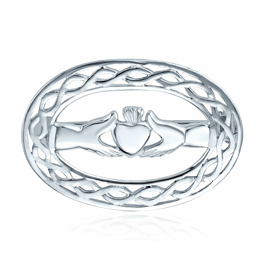 Shop Women Bling Jewelry Pins & Brooches | Oval Claddagh Heart Celtic Knot Pin Brooch .925 Silver Sterling