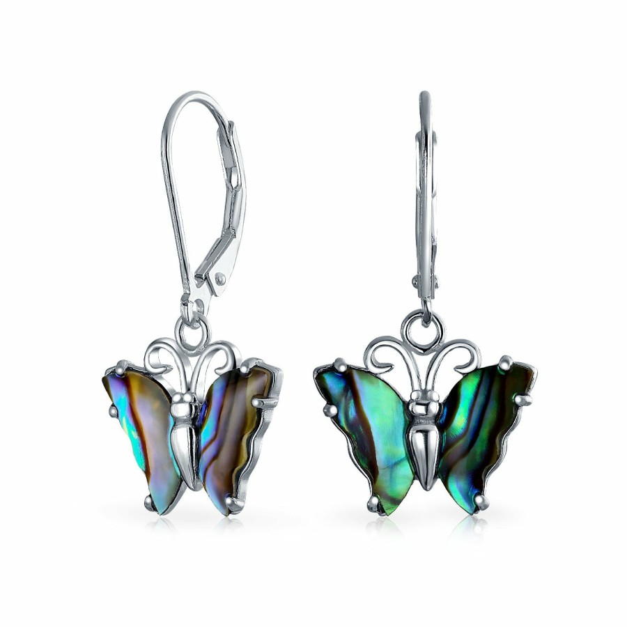 Shop Women Bling Jewelry Dangle Drop Earrings | Carved Abalone Butterfly Lever Back Drop Earrings .925 Sterling Silver