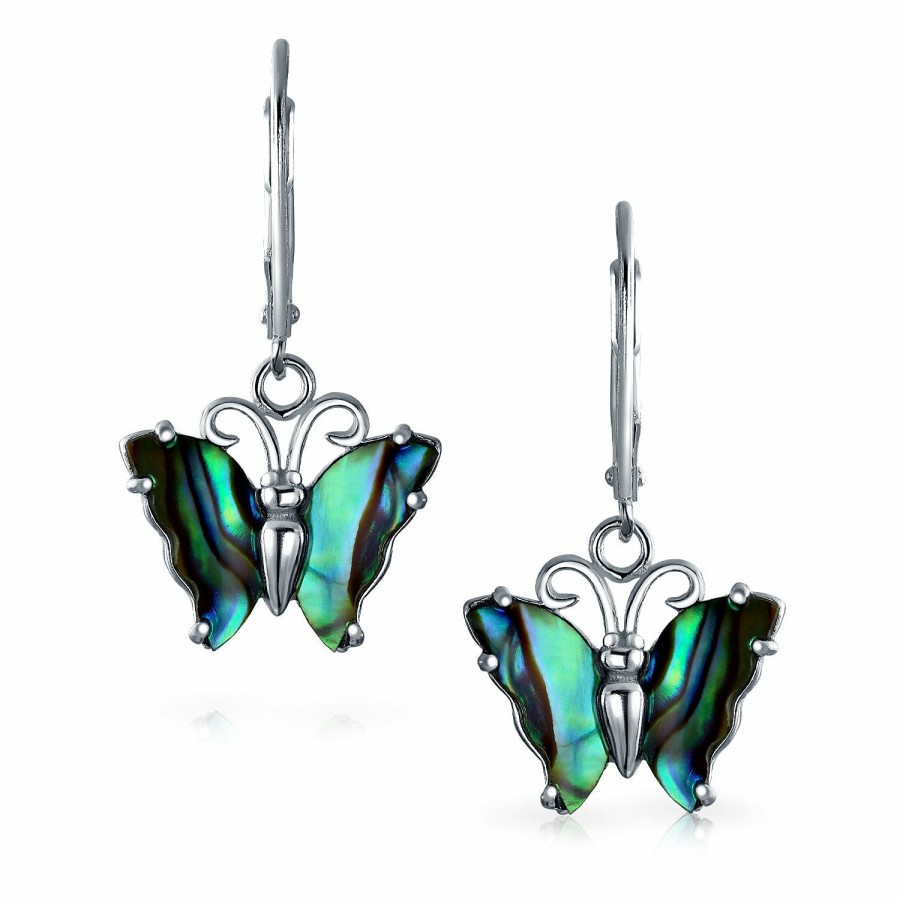 Shop Women Bling Jewelry Dangle Drop Earrings | Carved Abalone Butterfly Lever Back Drop Earrings .925 Sterling Silver