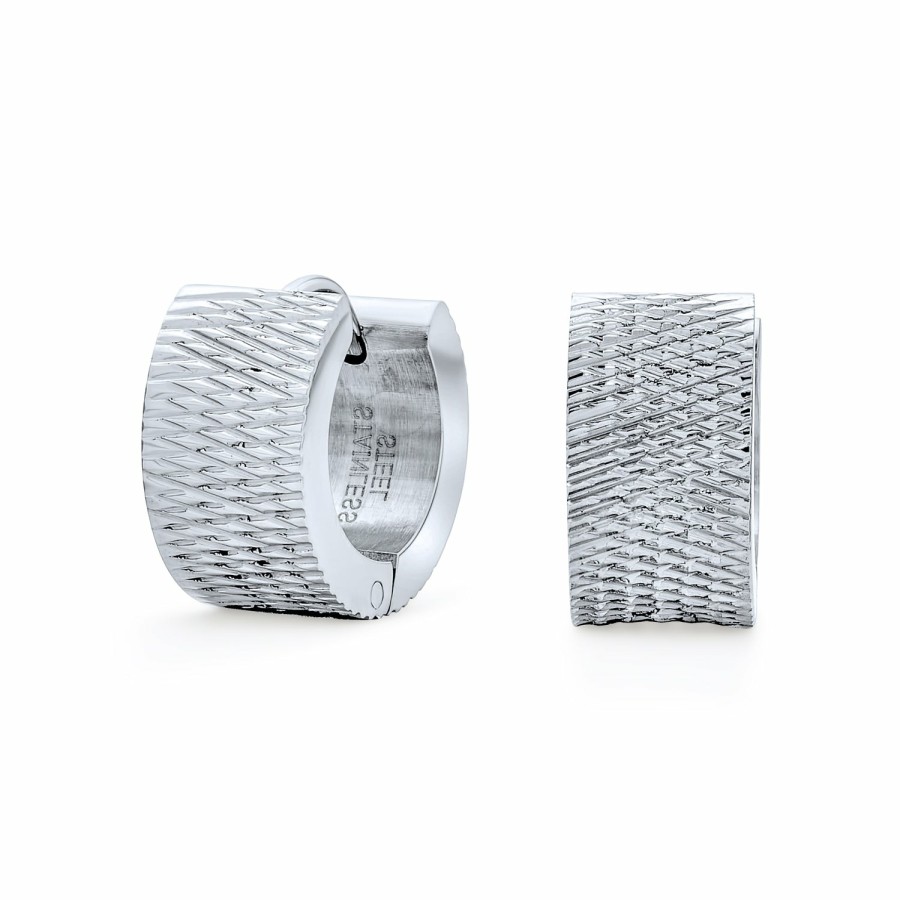 Shop Men Bling Jewelry Mens Earrings | Wide Carved Grid Pattern Hoop Kpop Hoop Earrings Or Stainless Steel