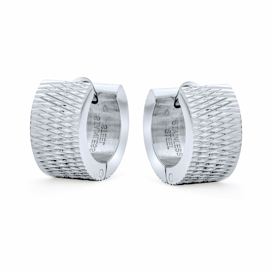 Shop Men Bling Jewelry Mens Earrings | Wide Carved Grid Pattern Hoop Kpop Hoop Earrings Or Stainless Steel