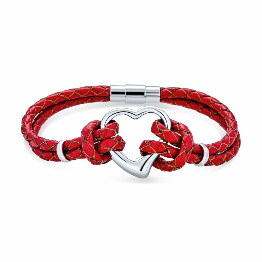 Shop Women Bling Jewelry Wrap Stretch Bracelets | Heart Woven Weave Braided Cord Multi Strand Leather Bracelet Steel