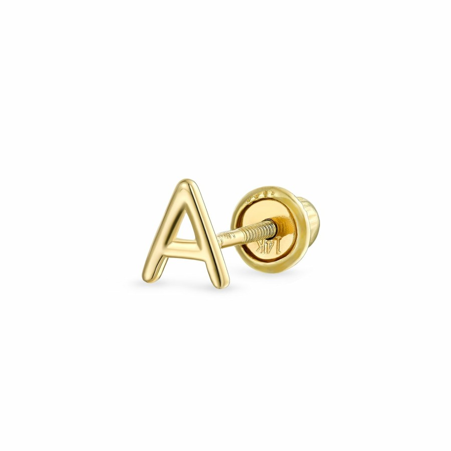 Shop Women Bling Jewelry Stud Earrings | Alphabet Letter Initial Cartilage 1 Piece Stud Earring Real 14K Gold