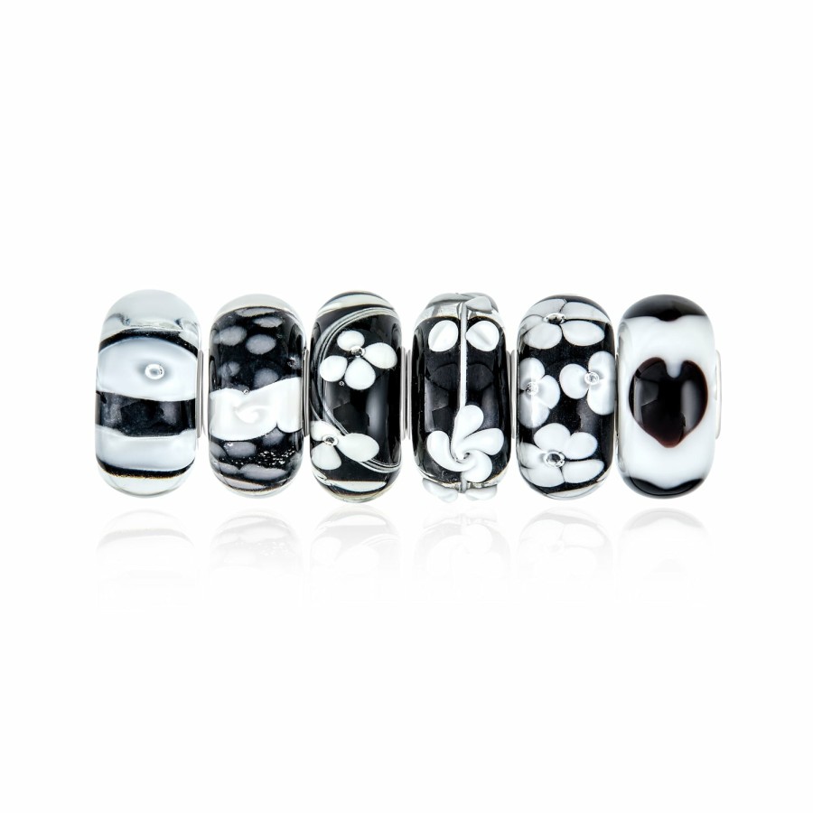 Shop Women Bling Jewelry Glass Crystal Beads | Black White Murano Glass Bead Charm Spot Bundle Set Sterling Silver