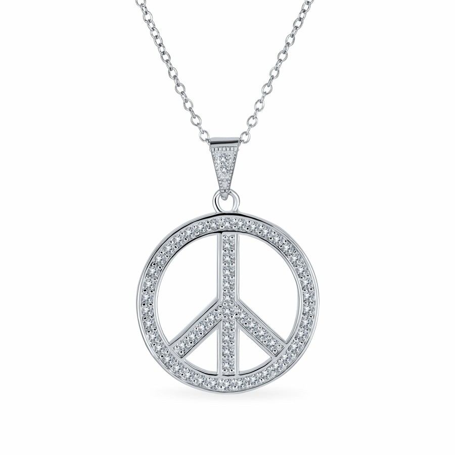 Shop Women Bling Jewelry Pendant Necklaces | Peace Pendant Cubic Zirconia Cz Charm .925 Sterling Silver Necklace