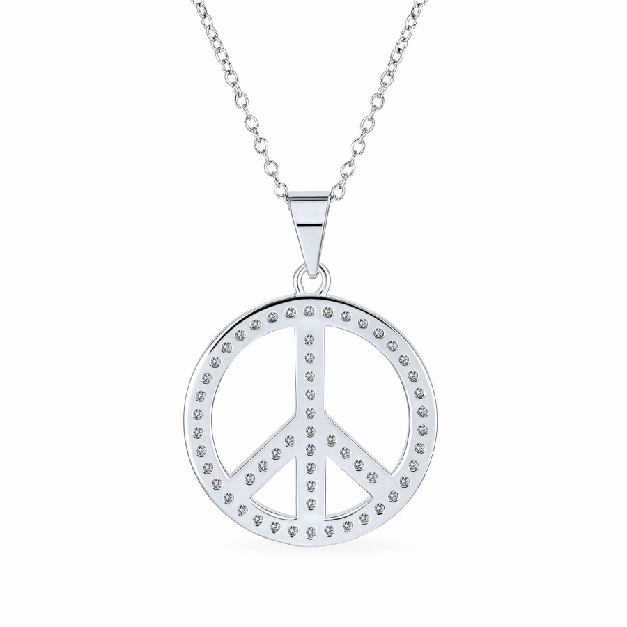 Shop Women Bling Jewelry Pendant Necklaces | Peace Pendant Cubic Zirconia Cz Charm .925 Sterling Silver Necklace