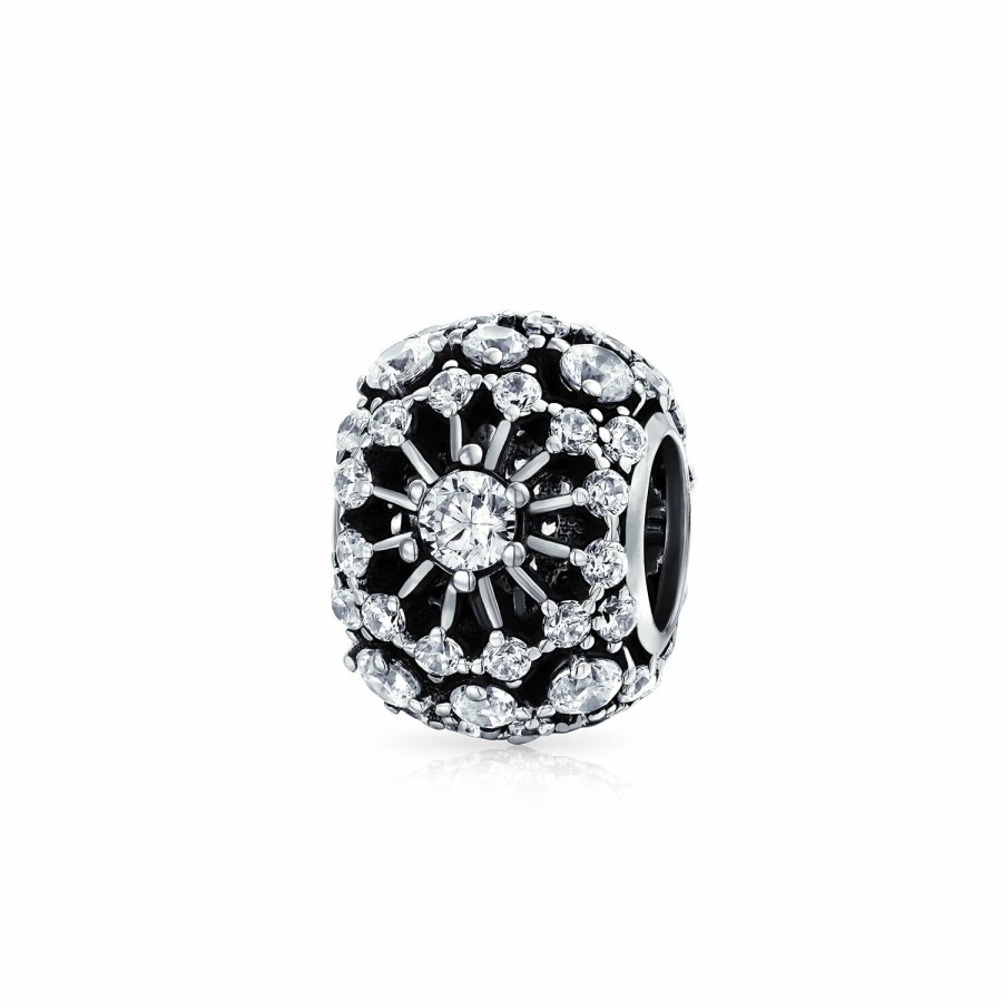 Shop Women Bling Jewelry Birthstone Beads | White Crystal Flower Spacer Open Round Bead Charm .925 Sterling Silver