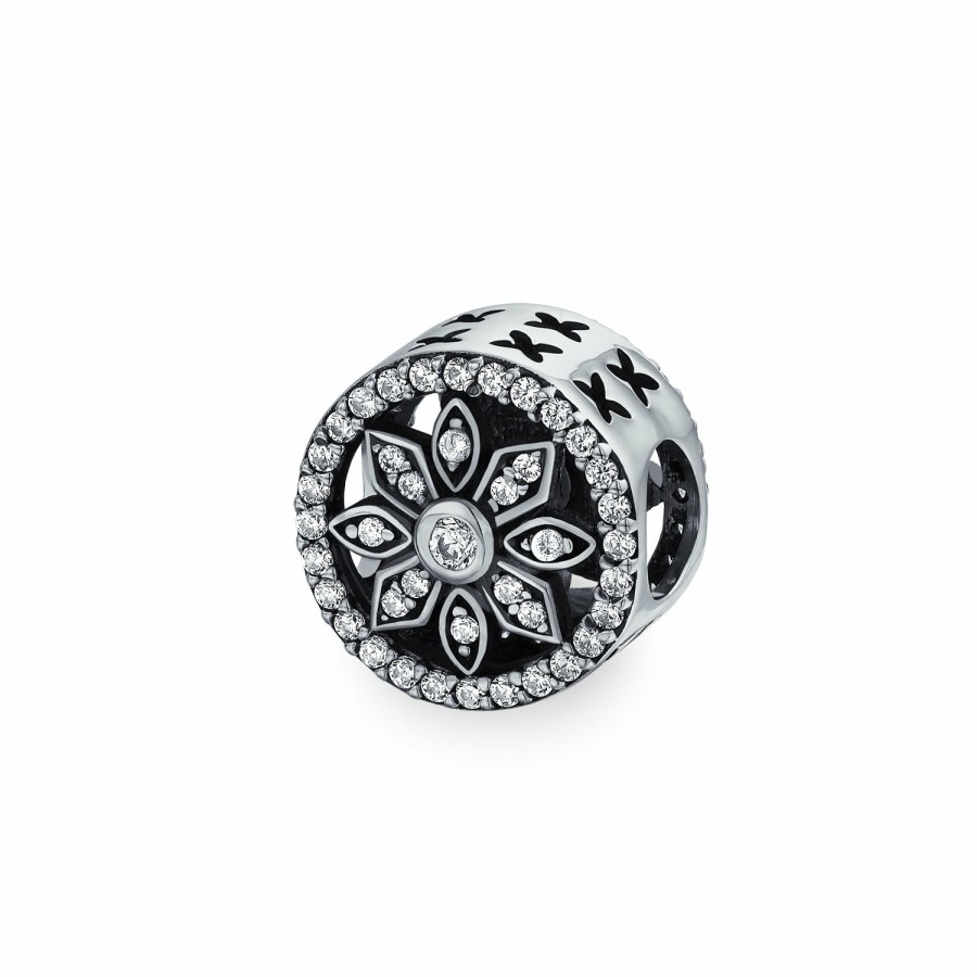 Shop Women Bling Jewelry Birthstone Beads | White Crystal Flower Spacer Open Round Bead Charm .925 Sterling Silver