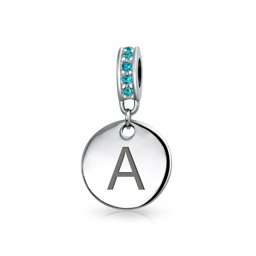 Shop Women Bling Jewelry Abc Initial | Aqua Crystal Alphabet Initials Disc Circle Charm Bead .925 Silver