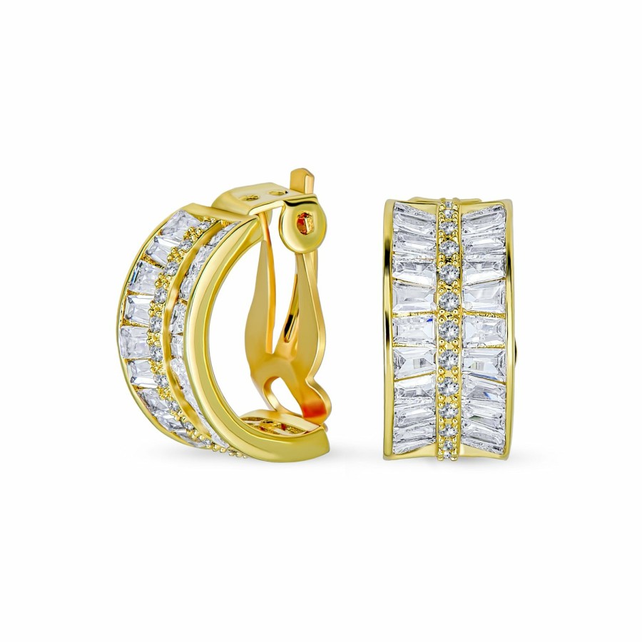 Shop Women Bling Jewelry Hoops Huggies Earrings | Art Deco Baguette Cz Half Hoop Earrings On Clip Plated