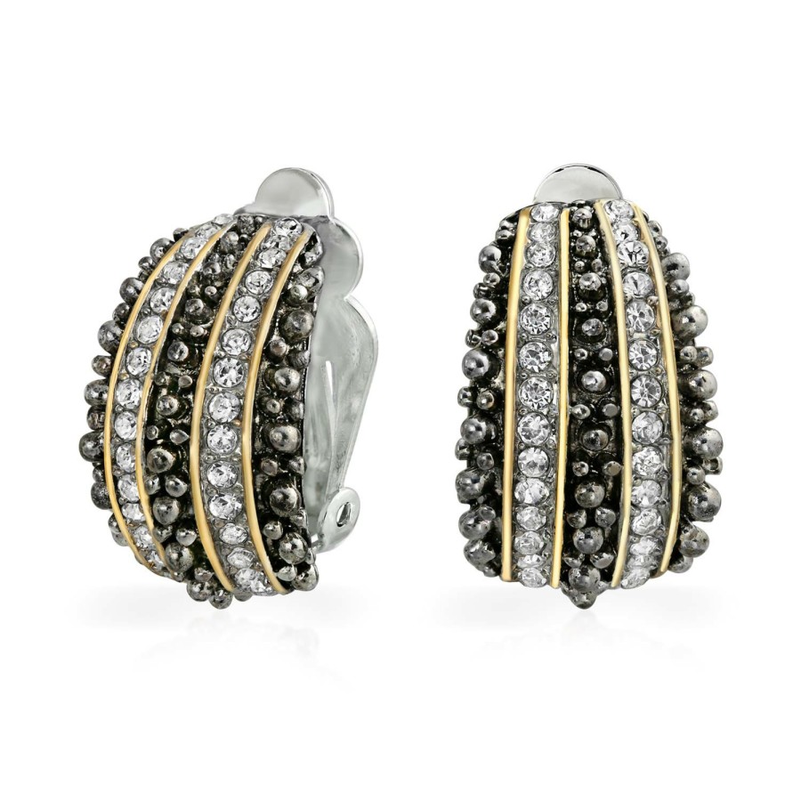 Shop Women Bling Jewelry Clip On Earrings | Caviar Bead Crystal Hoop Clip On Earrings Ears Black Gold Plated