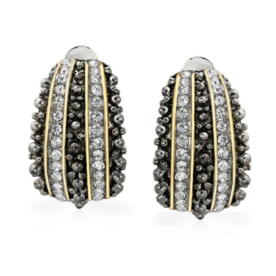 Shop Women Bling Jewelry Clip On Earrings | Caviar Bead Crystal Hoop Clip On Earrings Ears Black Gold Plated