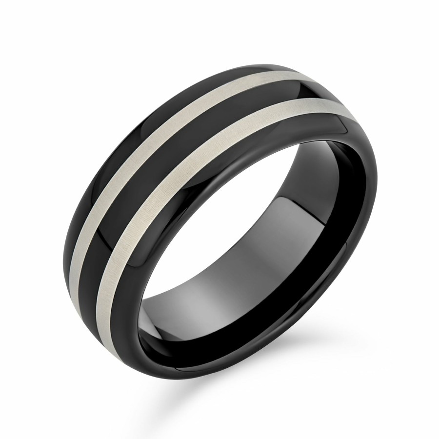 Shop Men Bling Jewelry Mens Engravable Rings | Dome Silver 2 Tone Stripe Couples Wedding Band Titanium Ring 8Mm Black