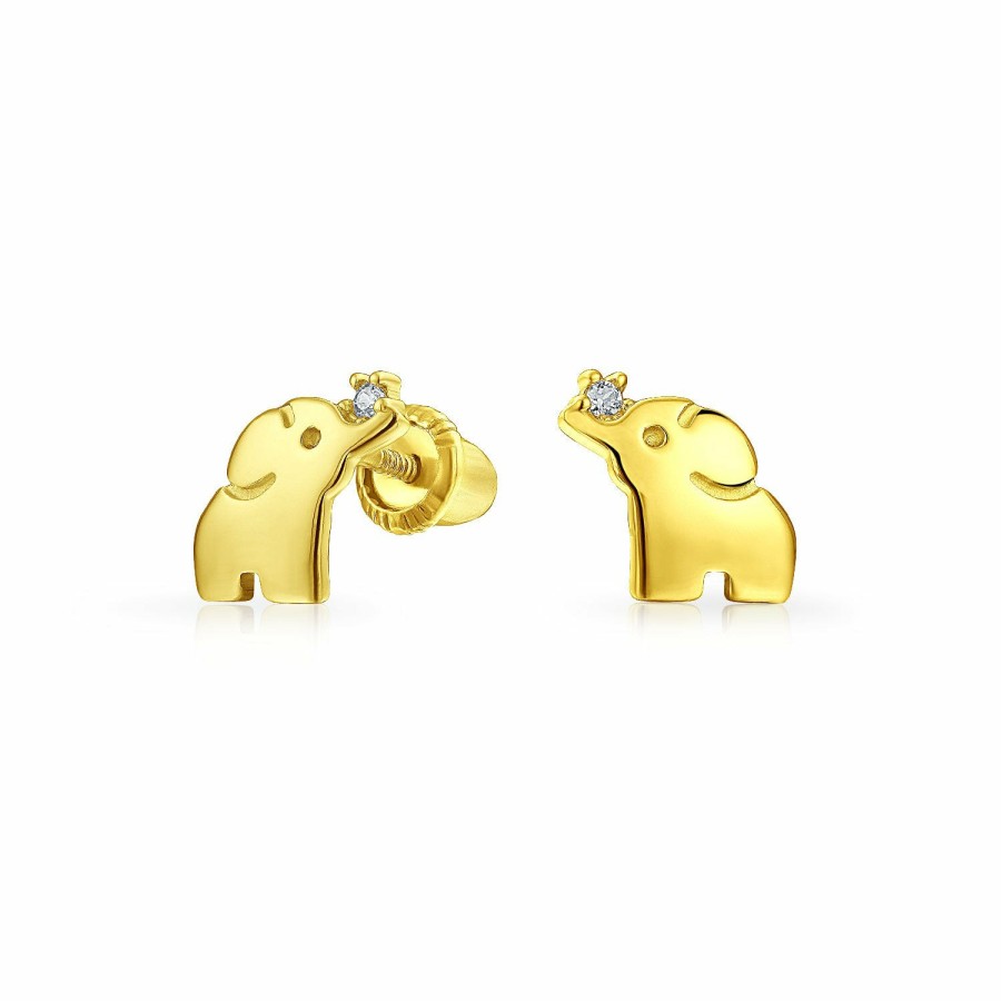 Shop Women Bling Jewelry | Minimalist Cz Lucky Elephant Stud Earrings Real 14K Gold Screw Back