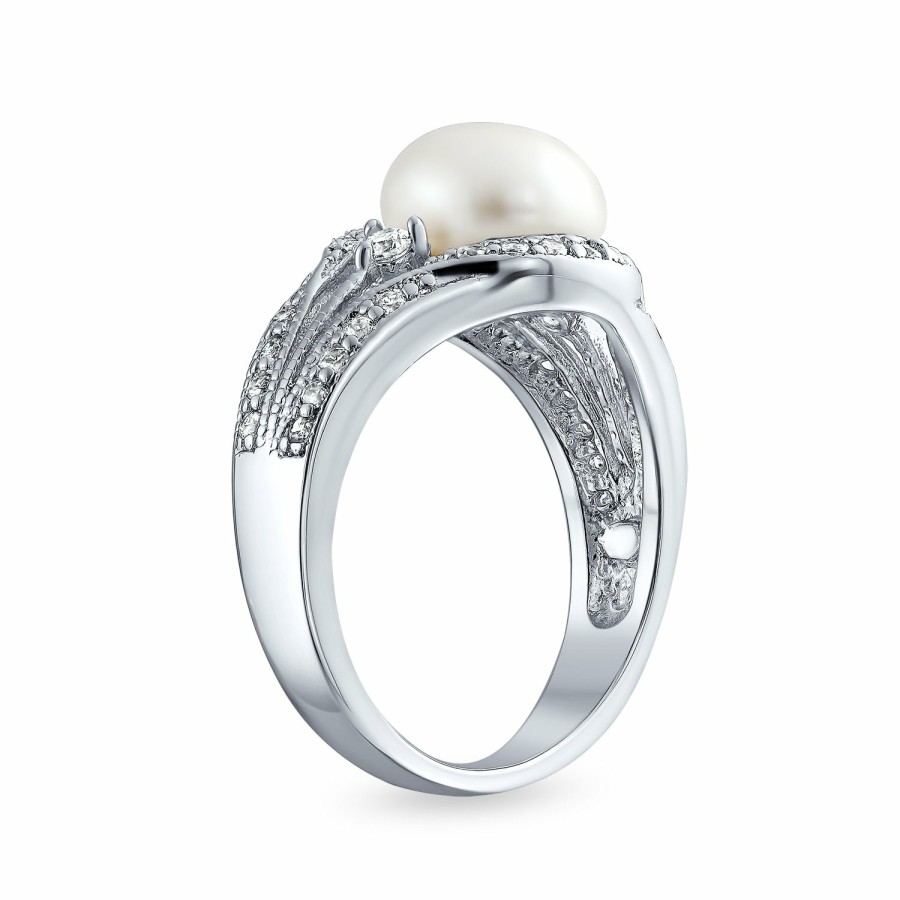 Shop Women Bling Jewelry Engagement Rings | Bridal Freshwater White Pearl Engagement Ring .925Sterling Silver