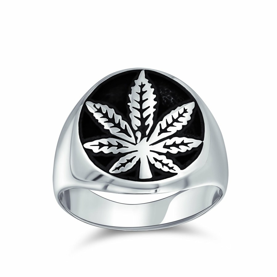 Shop Men Bling Jewelry Mens Engravable Rings | Men'S Medallion Leaf Signet Marijuana Ring 2 Tone .925Sterling Silver