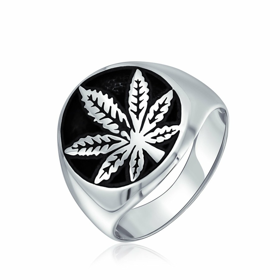 Shop Men Bling Jewelry Mens Engravable Rings | Men'S Medallion Leaf Signet Marijuana Ring 2 Tone .925Sterling Silver