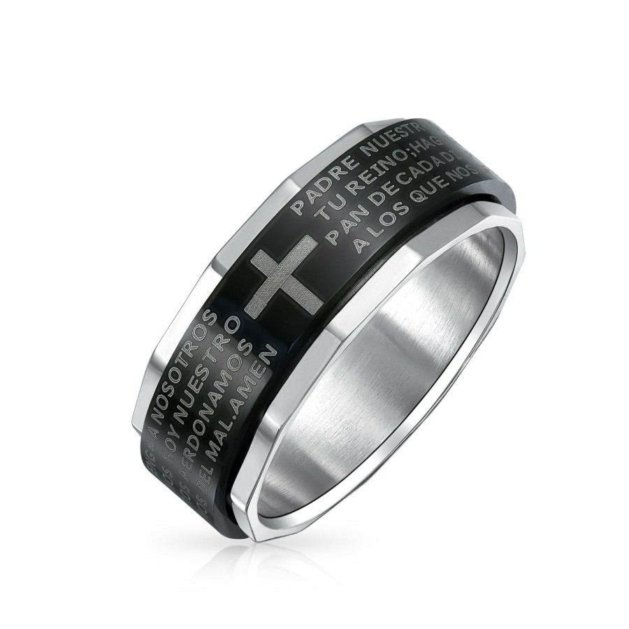 Shop Men Bling Jewelry Mens Engravable Rings | Unisex Padre Nuestro Lords Pray Cross Spinner Ring Band Stainless Steel