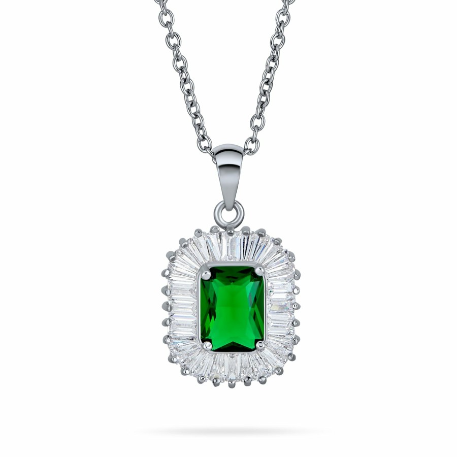 Shop Women Bling Jewelry Pendant Necklaces | Green Cz Imitation Emerald Cut Pendant Baguette Halo Silver Plated