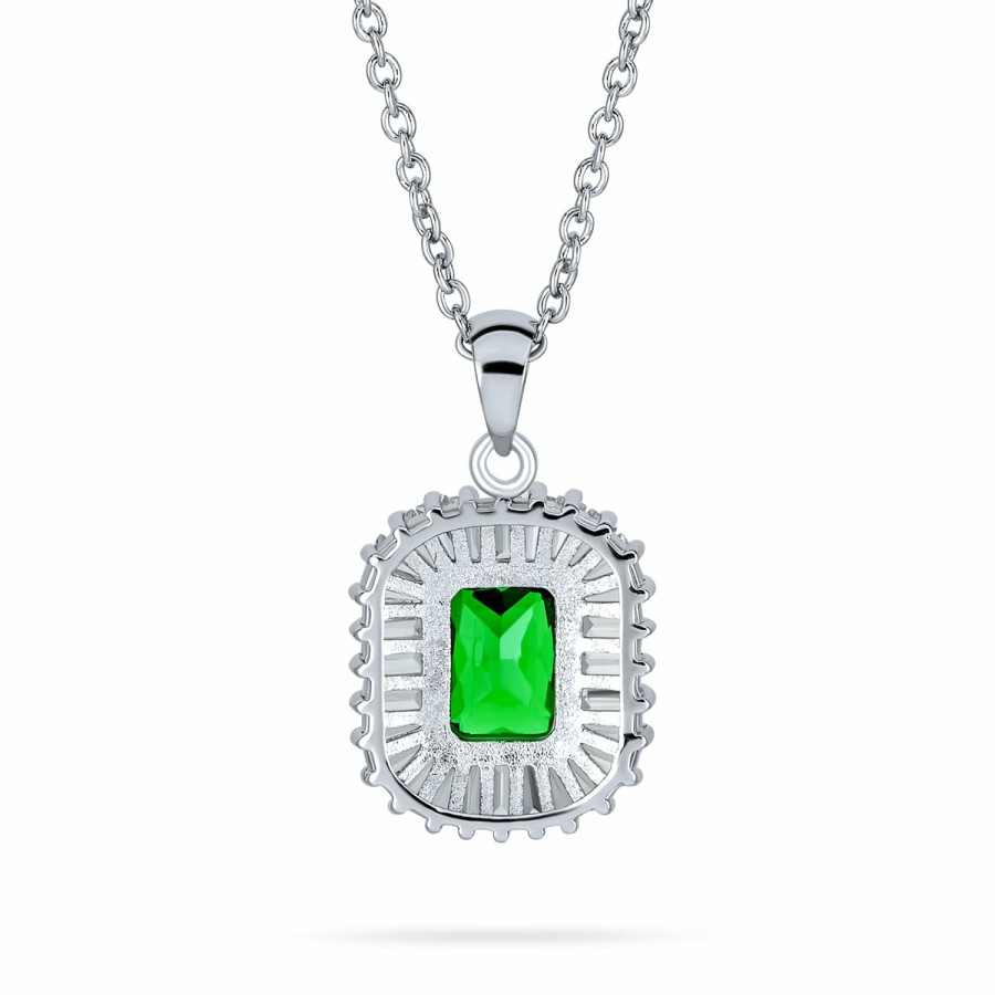 Shop Women Bling Jewelry Pendant Necklaces | Green Cz Imitation Emerald Cut Pendant Baguette Halo Silver Plated