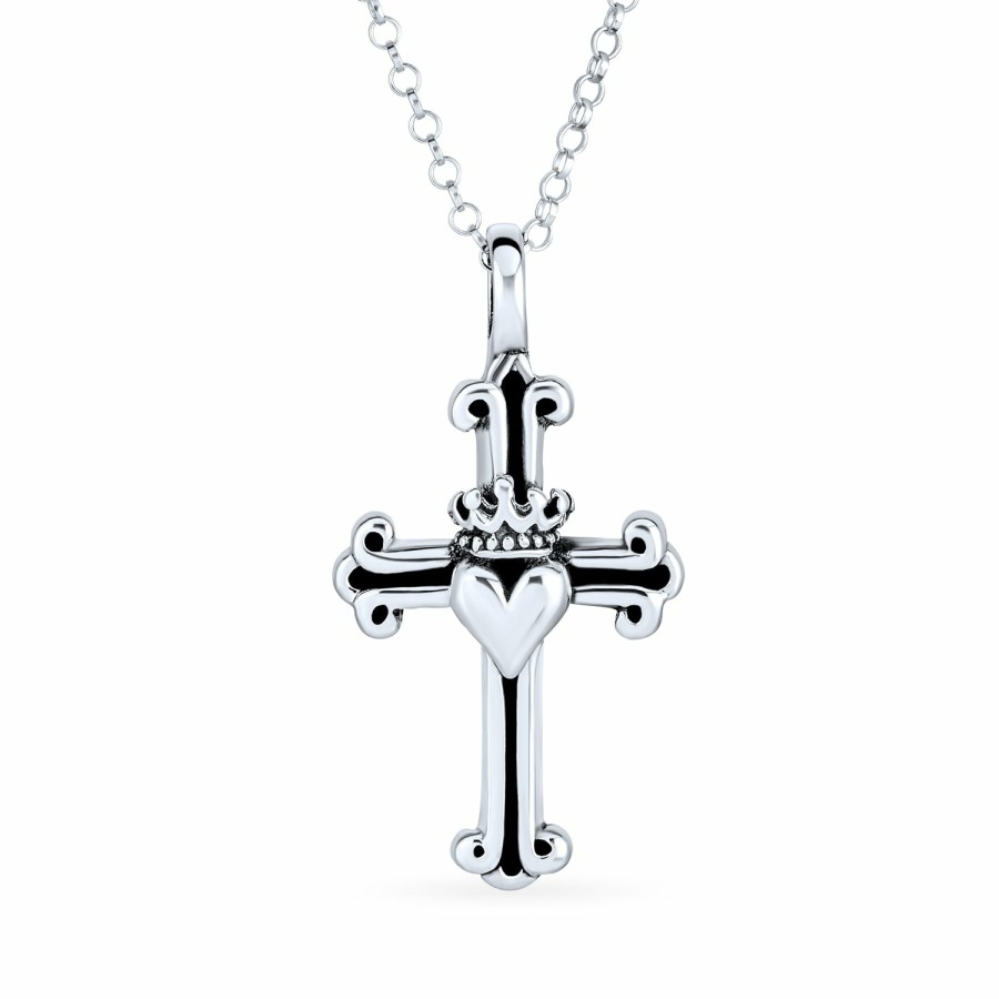 Shop Women Bling Jewelry Pendant Necklaces | Antiqued Crown Heart Fleur De Lis Cross Pendant .925Sterling Silver