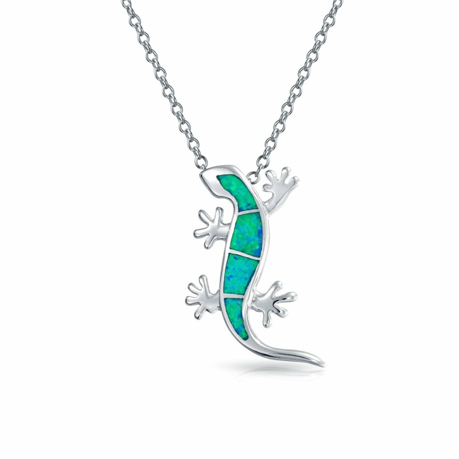 Shop Women Bling Jewelry Pendant Necklaces | Gecko Lizard Pendant Created Opal Necklace Sterling Silver