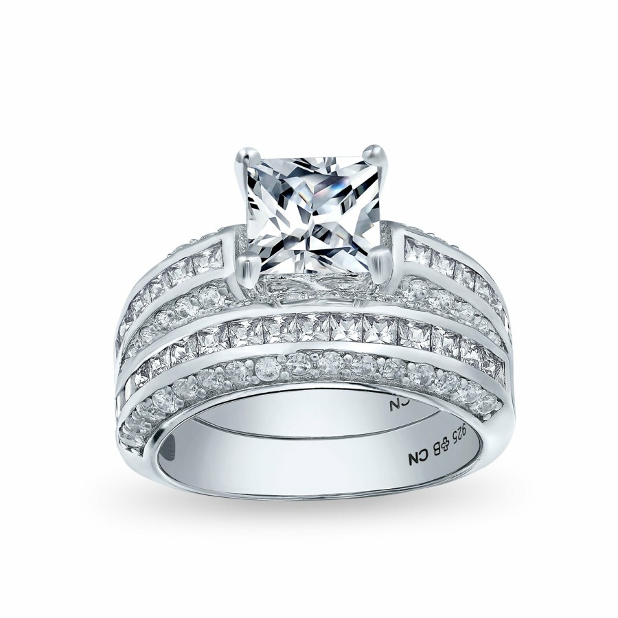 Shop Women Bling Jewelry Wedding Rings Sets | 3Ct Princess Solitaire Cz Engagement Wedding Band Ring Set Silver