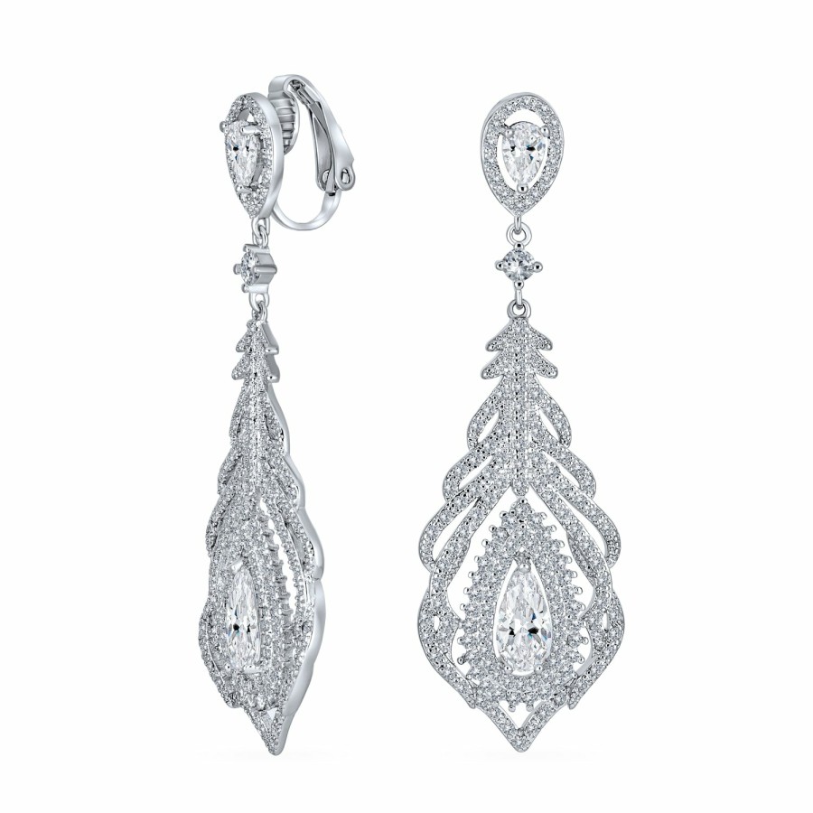 Shop Women Bling Jewelry Clip On Earrings | Bridal Leaf Teardrop Chandelier Clip On Earrings Silver Plated