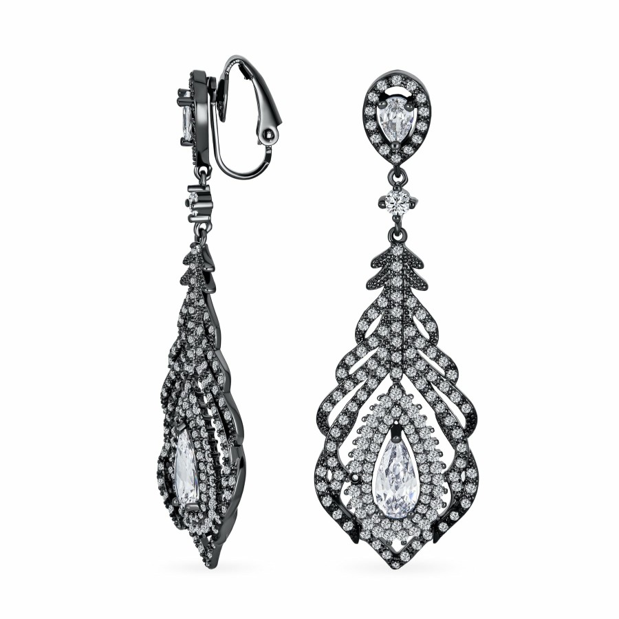 Shop Women Bling Jewelry Clip On Earrings | Bridal Leaf Teardrop Chandelier Clip On Earrings Silver Plated