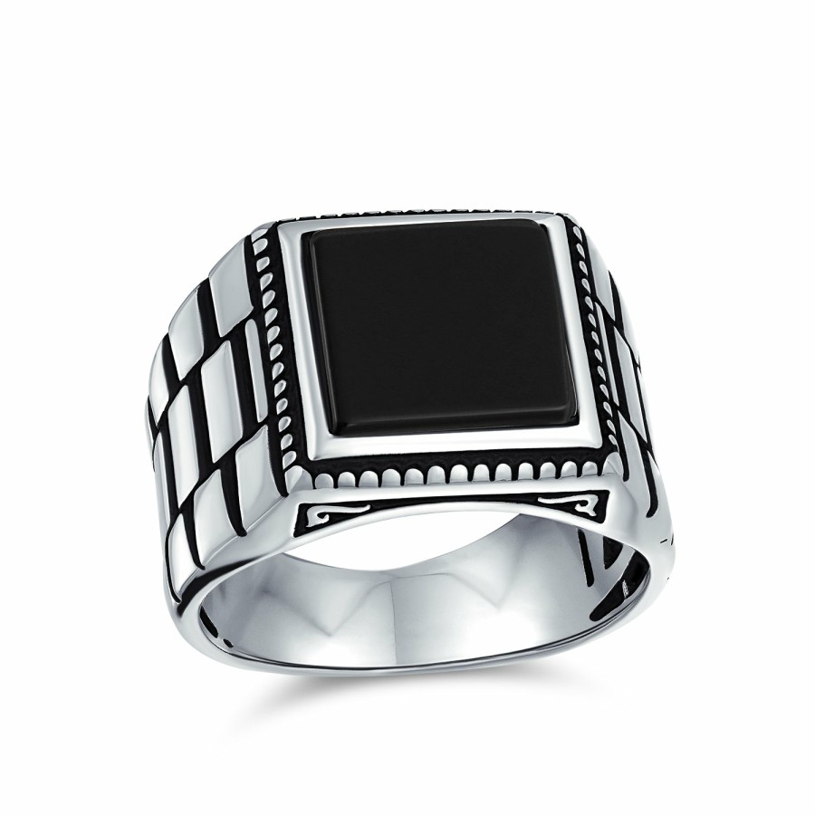 Shop Men Bling Jewelry Mens Engravable Rings | Mens Watch Band Style Gemstone Statement Rectangle Signet Ring Silver