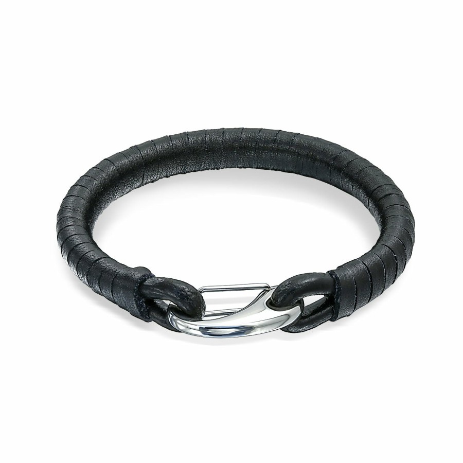 Shop Men Bling Jewelry Mens Bracelets & Id Bracelets | Mens Weave Braided Black Leather Bracelet Bangle Stainless Magnetic