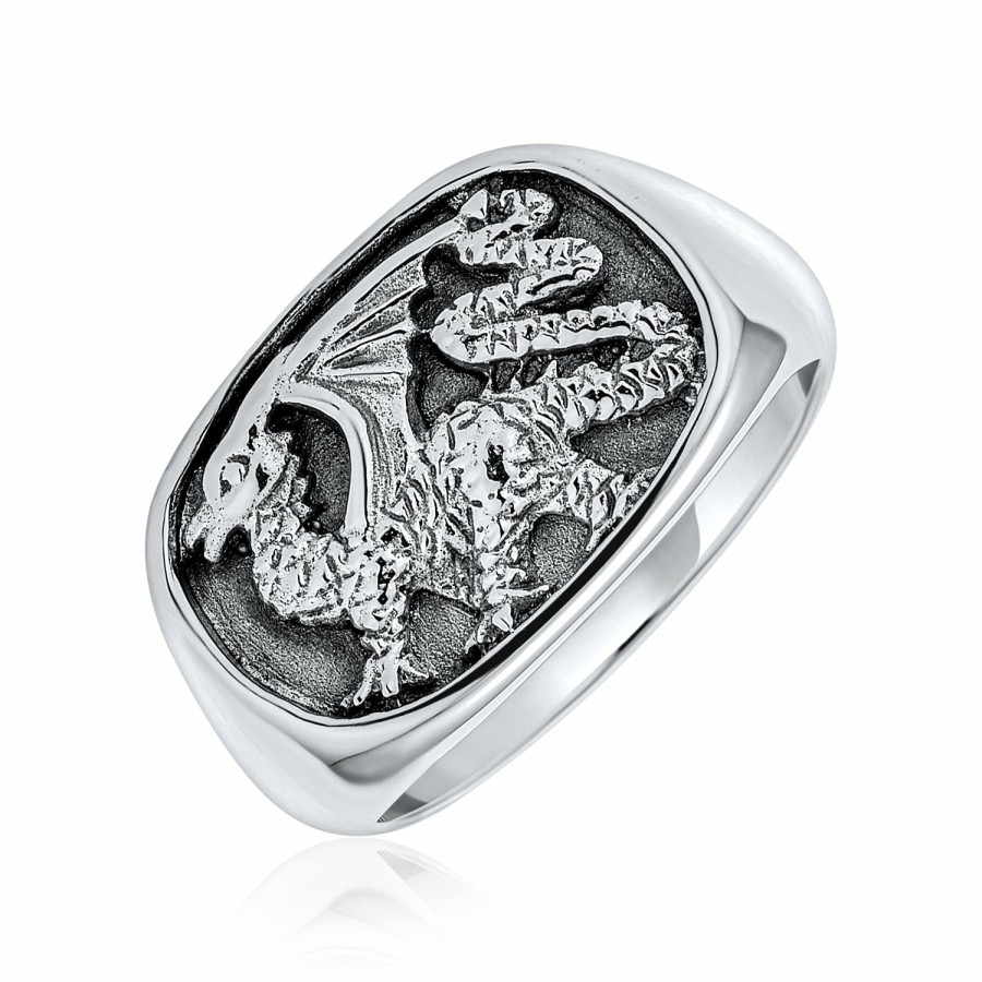 Shop Men Bling Jewelry Mens Engravable Rings | Rectangle Men'S Gemstone Winged Dragon Signet Ring Oxidized .925 Sterling