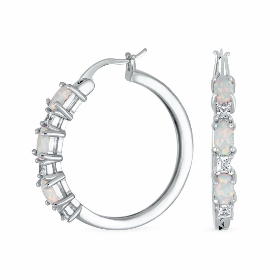 Shop Women Bling Jewelry Hoops Huggies Earrings | Alternating White Opal Cz Hoop Earrings Rose Sterling Silver 1"