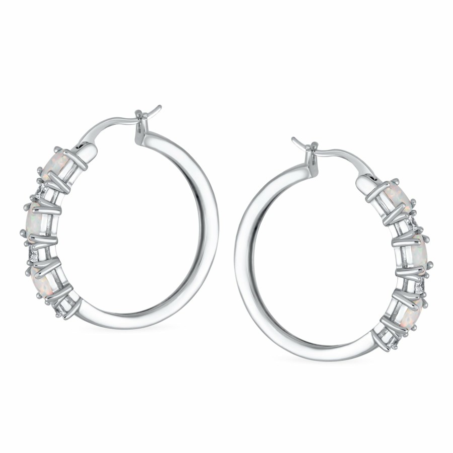 Shop Women Bling Jewelry Hoops Huggies Earrings | Alternating White Opal Cz Hoop Earrings Rose Sterling Silver 1"