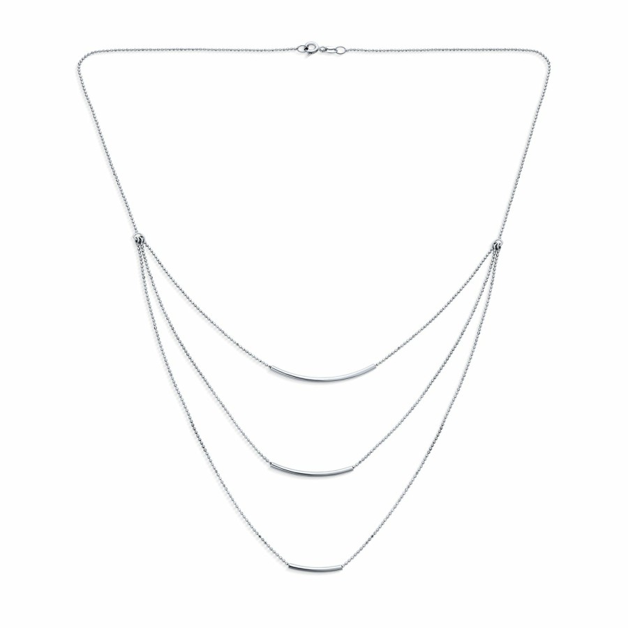 Shop Women Bling Jewelry Delicate Pendant Necklaces | Layered Three Strand Chain Necklace Curved Bar .925 Sterling Silver