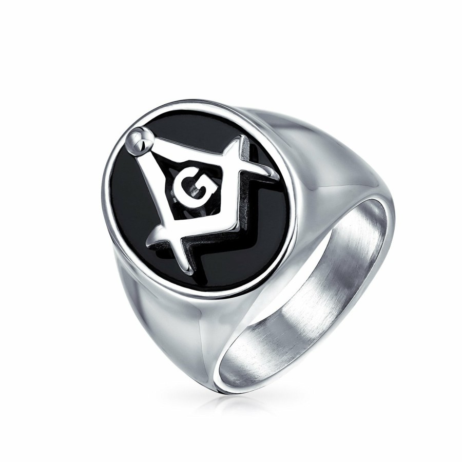 Shop Men Bling Jewelry Mens Rings | Black Oval Mens Signet Freemason Masonic Ring Stainless Steel